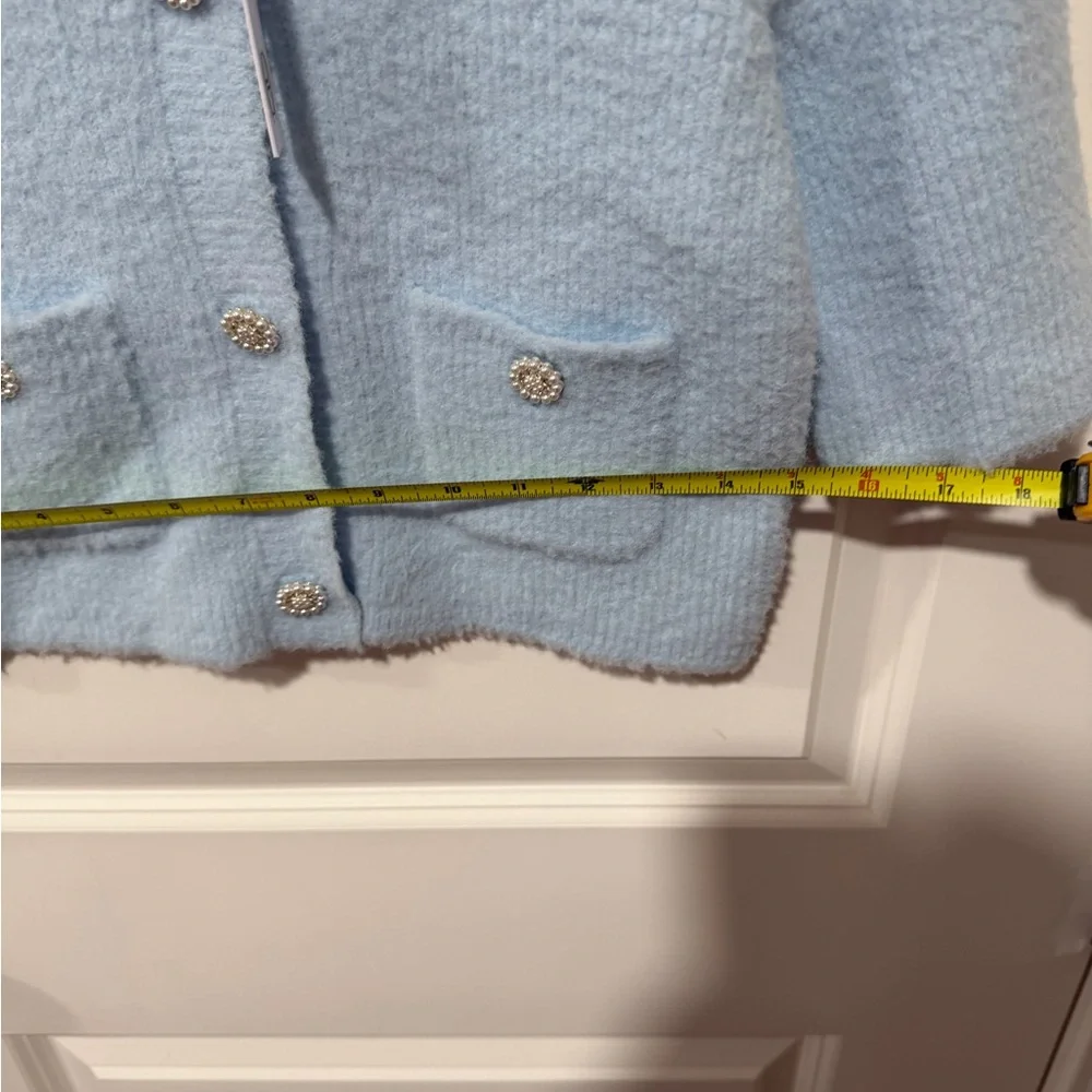 House of Harlow 1960 Blue Cropped Cardigan Short Sleeve Pearl Rhinestone Button - Picture 12 of 13